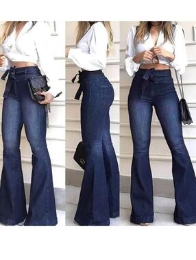 High-Waist Dark Blue Flare Jeans with Tie Belt - Women